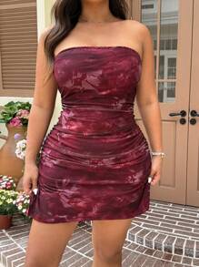 SHEIN EZwear Plus Size Red Printed Strapless Dress