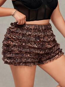 SHEIN ICON 加大码豹纹多层荷叶边超短裤，性感音乐节