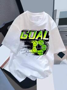 SHEIN Leap Crew Tricou cu mânecă scurtă cu imprimeu de fotbal casual Tween Boy, potrivit pentru vară