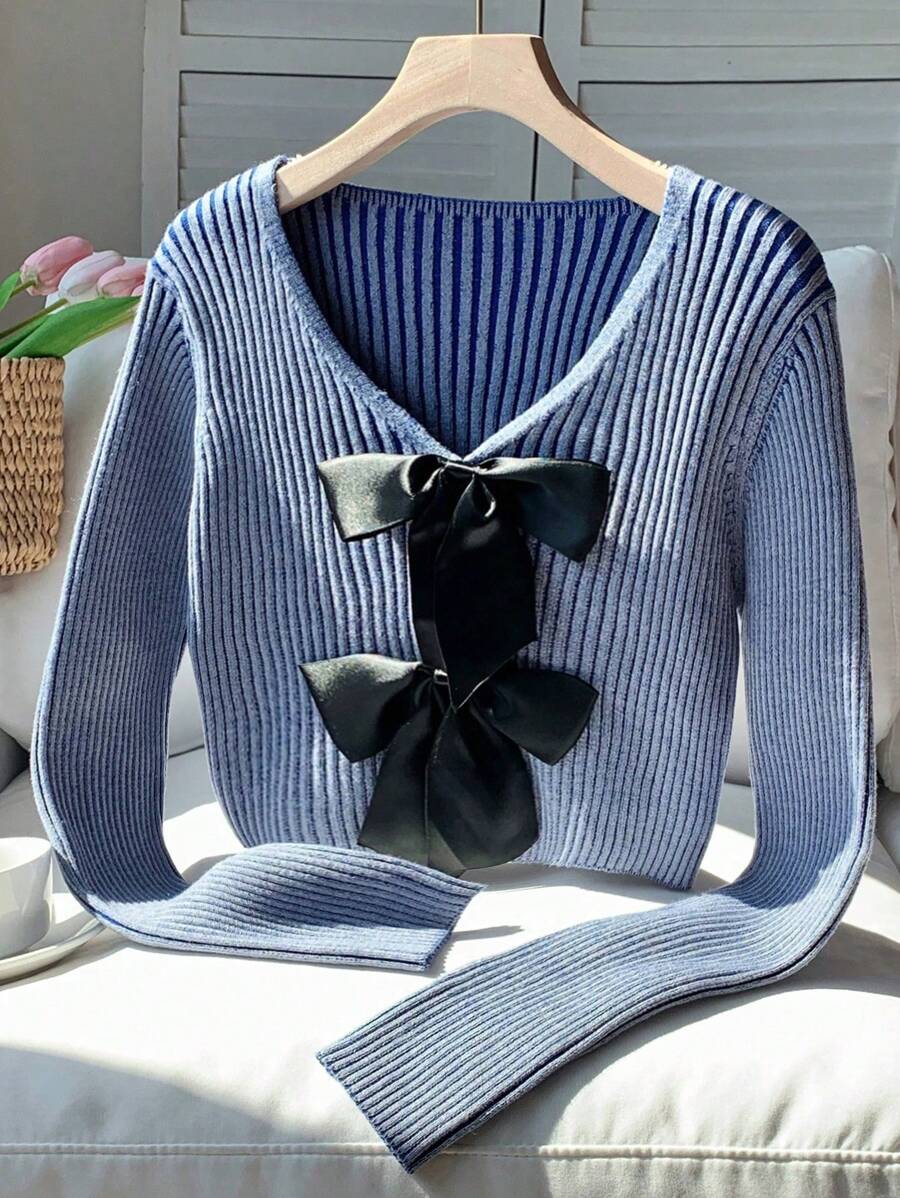 Comfortcana קרדיגן כחול קז'ואל לנשים עם צווארון V ופפיון לקיץ, קיץ - כחול - ראה 1