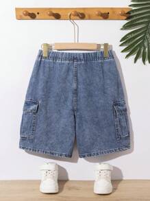 SHEIN Tween Boys' Fashionable Casual Washed Denim Shorts With Tool Pockets - Blue - View 2