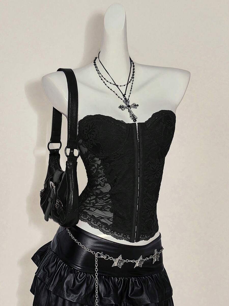 SHEIN ICON 性感诱人红色蕾丝拼接抹胸文胸 - 黑色 - 查看 1