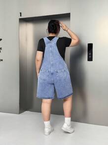 SHEIN EZwear 大码女式口袋宽腿宽松休闲牛仔连体裤 - 淺色水洗藍 - 查看 2