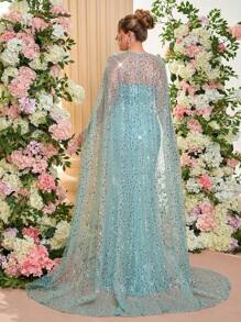 Glamrae Große Größen romantisches & elegantes Quadratausschnitt Kleid mit Perlen, Pailletten, Flickwerk, elastischen Seitenschlitzen, Fischhemmsaum, abnehmbaren Volants, Abendkleid für formelle Anlässe, Hochzeitsgast Kleid, Partykleid - Minzgrün - Übersicht 3