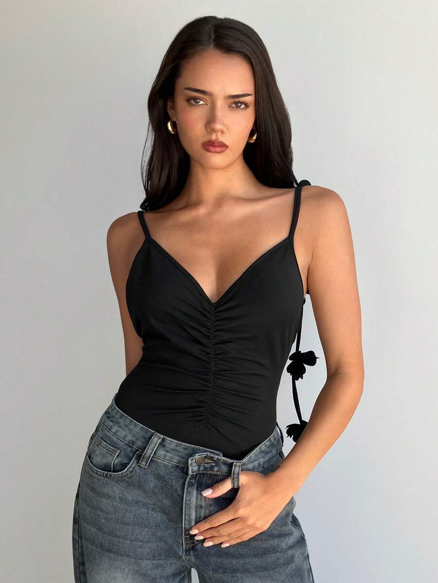 Aloruh 3D Floral Print Backless Bodysuit, Black - Black - View 1