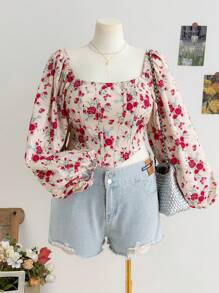 SHEIN WYWH 大码女式方领复古花卉印花灯笼袖衬衫，适合假期、秋冬季 - 彩色 - 查看 7