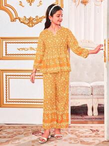 Tween Girl Retro Print Ruffle Hem Long Sleeve 2 Pieces Outfit, Suitable For Vacation - Yellow - View 1