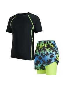 SHEIN 2pcs/Set Kids Tween Boy Casual Sports Solid Color Crew Neck Fitted Rash Guard And Print Beach Shorts Swimsuit Set