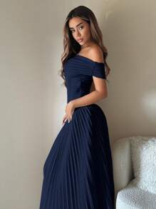 SHEIN ICON Homecoming Dress 1pc Off-Shoulder Solid Color Pleated Elegant Dress Navy Blue - Navy Blue - View 5