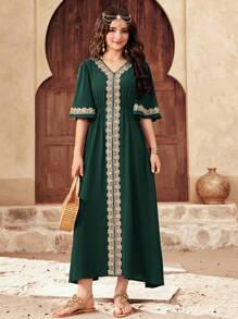 SHEIN Leap Crew 少女 V 领收腰中长修身短袖连衣裙