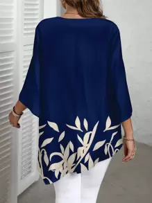 EMERY ROSE Plus Size Casual Minimalist Navy Blue All-Over Print Shirt, Spring/Autumn And Winter Chic Blouses For Women - Multicolor - View 2