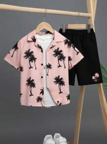 SHEIN Tween Boy Tropical Print Shirt & Shorts Without Tee