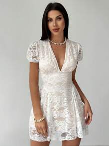 Firerie 优雅浪漫 V 领泡泡袖蕾丝迷你连衣裙，适合婚礼、约会之夜、春夏季 - 白色 - 查看 8