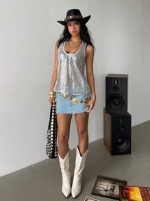 Siren Gaze Tank Tops Women Silver Sequin Loose Casual Holiday Top Women's Music Festival Fashion Sequined Sheer Back Tank Top Summer Glitter - Silver - View 3