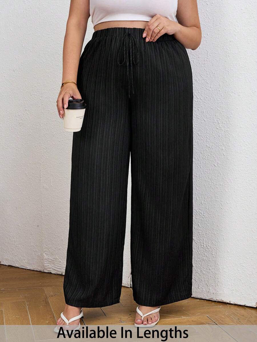 SHEIN Tall CURVE Pantalones capri anchos de verano informales con textura talla grande - Negro - Ver 1