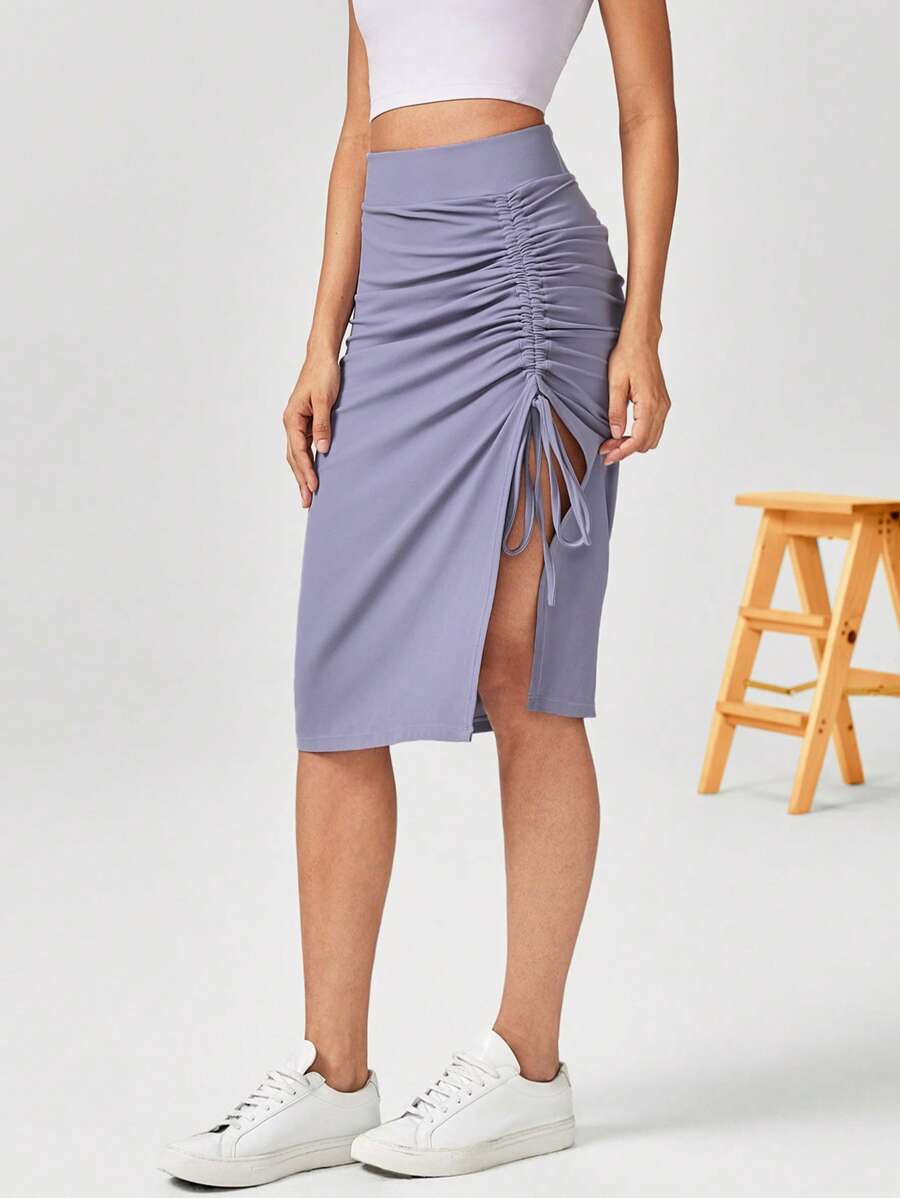 GLOWMODE FeatherFit™-Air Side Slit Adjustable Drawstring Ruched Midi Skirt Daily Casual Quick Dry Moisture Wicking - Mauve Purple - View 1