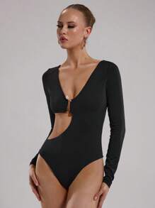SHEIN BAE Women's Romantic Party Outfit, Black Long Sleeve Metal Decor Button Accent Sexy Backless Bodysuit - Black - View 6