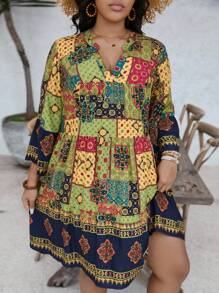 SHEIN VCAY Plus Size Vacation Casual Patchwork Print Dress Boho Women Clothing Women Plus Clothing Boho Women Clothing Boho Women Boho Dress Boho Plus Size Dress