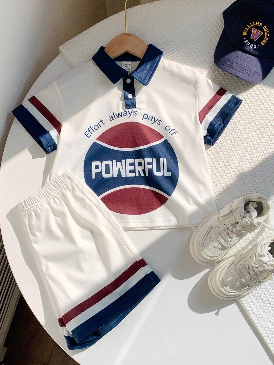 SHEIN Leap Crew 2pcs Young Boys Casual School Style Graphic Print Loose T-Shirt And Shorts Set, Suitable For Daily Wear, School, Holidays, Birthday Party, Outings, Sports, Spring/Summer, Fleece, Thickened - Multicolor - View 1