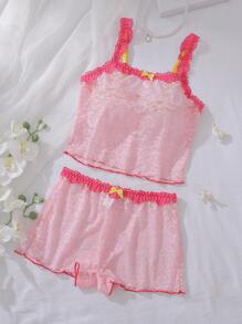 SHEIN 2 件套花卉蕾丝双色蝴蝶结透明性感内衣套装，粉色 - 粉色 - 查看 6