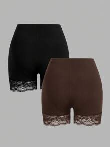 SHEIN Essnce 2pcs/Set Women Plus Size Lace Patchwork Leggings - Multicolor - View 2