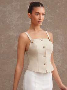 L'Amorae 夏季女士，女士，米色单排扣休闲修身吊带背心，大理石纹和金色纽扣，女式上衣，女式吊带背心，夏季上衣，短款上衣，老款，办公室女性，日常 - 杏色 - 查看 1