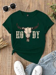 SHEIN LUNE Áo thun tay ngắn cổ tròn họa tiết đầu bò phương Tây HOWDY Casual dành cho nữ, phù hợp cho mùa hè - Màu xanh lá cây đậm - Xem 1