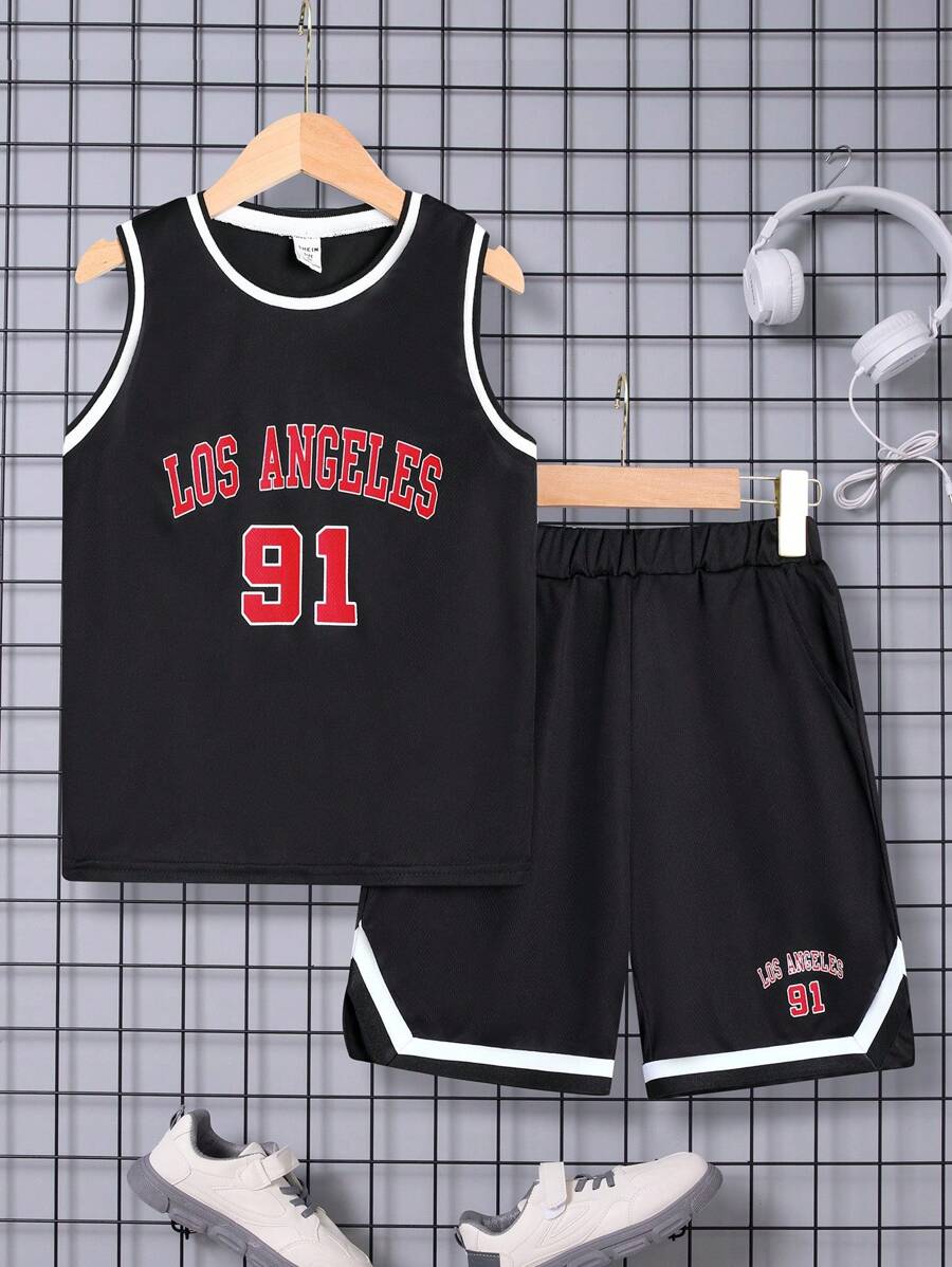 SHEIN Tween Boys' Casual Color Block Sleeveless Vest Top And Shorts Set, Tween Size