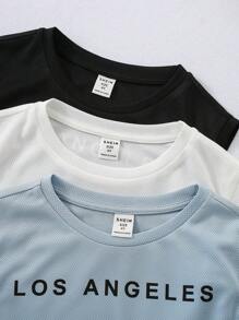 SHEIN Bộ 3 món đồ cho bé trai, kiểu dáng tối giản, in chữ, chất liệu lưới thoáng khí, thích hợp cho các hoạt động ngoài trời, đi học, nghỉ mát, thể thao, mặc nhà, mùa xuân/hè. - trắng - Xem 4