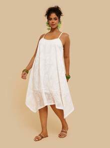 SHEIN VCAY Vintage Plus Size Holiday Casual Spring/Summer Boho Beach Sleeveless White Hollow Plant Floral Midi Dress For Women