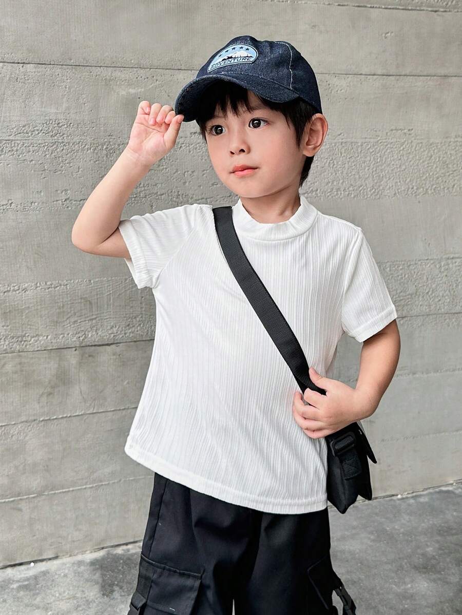 SHEIN Leap Crew 男童休闲舒适百搭纯色高领短袖上衣 - 白色 - 查看 1