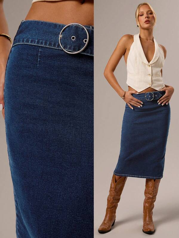 Forever 21 Falda vaquera azul desgastada con estiramiento, de estilo vintage y de moda para festivales