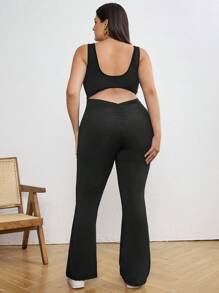 SHEIN Tall CURVE Plus Solid Color Hollow Out Flare Skinny Jumpsuit - Black - View 2