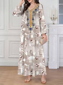 Al Najma Elegant Vintage Floral Placement Print V-Neck Dress For Women,Modest