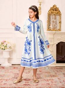 SHEIN 2pcs Sister Matching Outfits:White And Blue Floral,Autumn,Modest,Tea Party - White - View 5