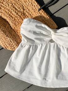 Comfortcana Summer White Linen Twist Bandeau Bohemian Vacation Top - White - View 5