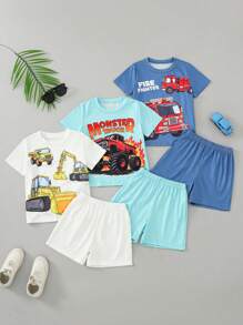 SHEIN 2pcs/Set Young Boy Short Sleeve Crew Neck T-Shirt And Shorts Set - Multicolor - View 1
