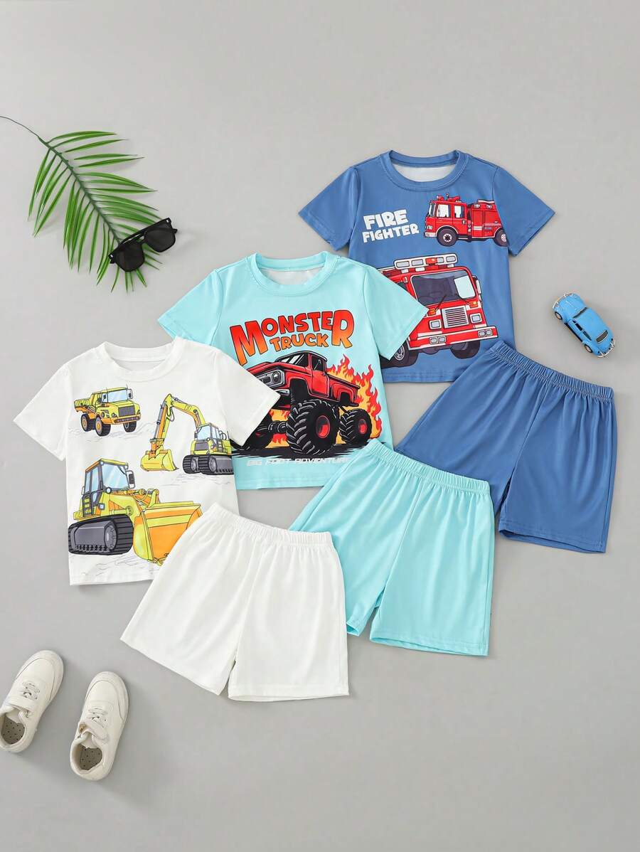 SHEIN 2pcs/Set Young Boy Short Sleeve Crew Neck T-Shirt And Shorts Set - Multicolor - View 1