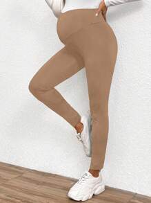 SHEIN Maternity Solid Color Simple Stylish Leggings, Suitable For Summer - Camel - View 5