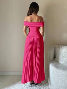 SHEIN ICON Homecoming Dress 1pc Off-Shoulder Solid Color Pleated Elegant Dress - Hot Pink - View 4