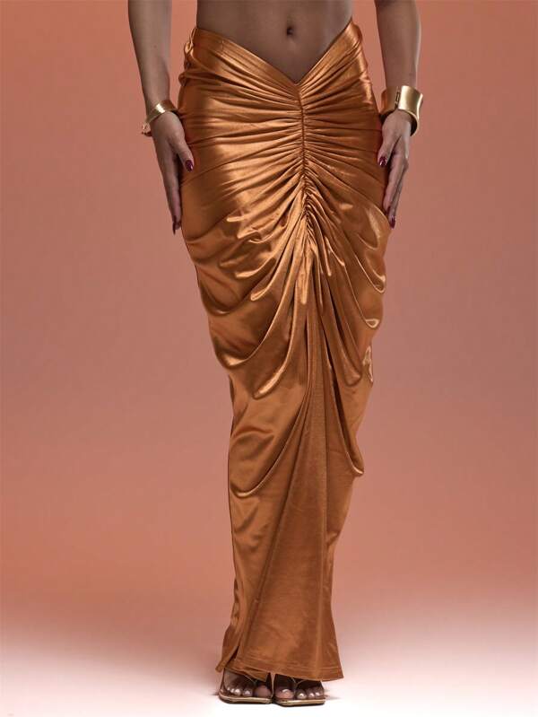 MUSERA Metallic V Waist Ruched Fitted Maxi Skirt Bottom Only Sexy Ibiza Fits Spring Summer Vacation Beach Elegant Godess