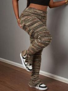 Slaydiva Casual Home Elastic Waist Textured Flared Pants - Green - View 4