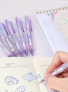 Set de 6 bolígrafos de tulipán morado borrables con goma de borrar linda, artículos de papelería para estudiantes, niñas, oficinas y escuelas, de vuelta a la escuela - Morado - Ver 8