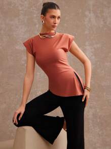 L'Amorae 优雅、性感、百搭的女士休闲衬衫 - 咖啡棕 - 查看 3