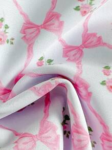 SHEIN Teen Girls Summer Beach Vacation Pink Ditsy Floral, Ruffle Trim, Bow, Rose Flower Decor Spaghetti Strap Crop Top Swimwear/Back-To-School Outfit, Cute, Holiday Family Outdoor Spring Picnic Everyday Wear, Suitable For Various Occasions - Multicolor - View 6