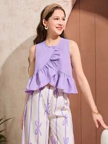 SHEIN 2pcs/Set Teens Girls Ruffled Crew Neck Short Sleeve Top And Bowknot Striped Long Pants Set - Purple - View 3