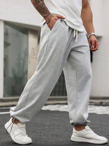 Manfinity Homme Men's Casual Sweatpants, Straight Leg Pants With Drawstring Ankle - Light Grey - View 1