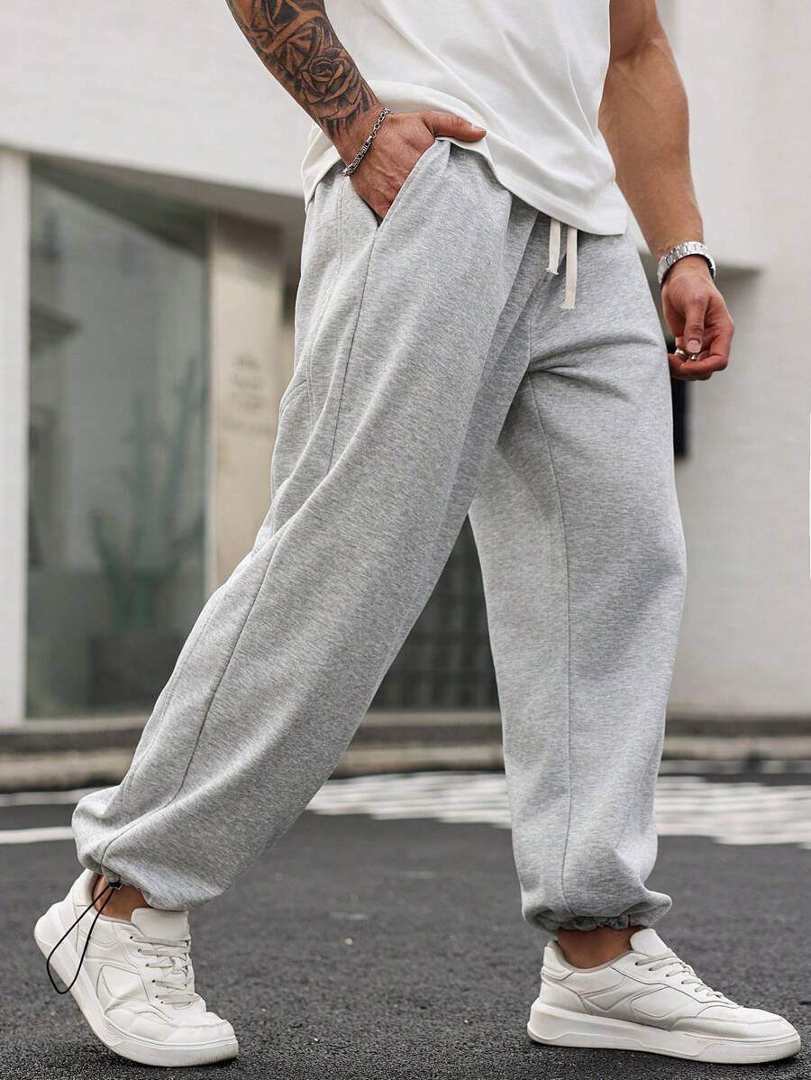 Manfinity Homme Men's Casual Sweatpants, Straight Leg Pants With Drawstring Ankle - Light Grey - View 1