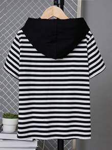 SHEIN 兒童中大童條紋印花拼接細節連帽t恤 - 黑與白 - 查看 2