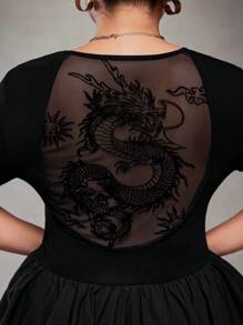 SHEIN ICON Plus Size Y2K Style Mesh Sheer Dragon Graphic Short Sleeve Knit Bubble Dress - Black - View 2